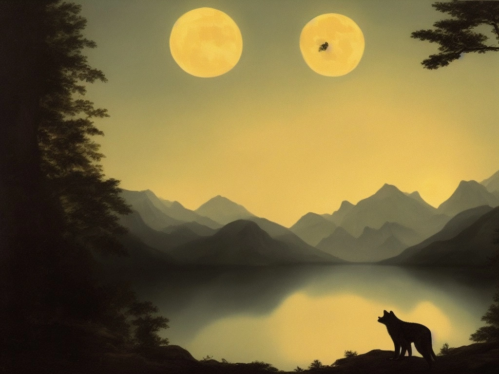12176-2452185781-A painting of a serene lake in the mountains at night with a full moon. A werewolf howls in the foreground. The lake is filled w.webp